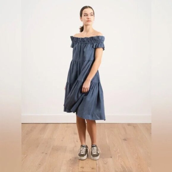 Ulla Johnson Olivia Off Shoulder Linen Chambray Midi Dress - Picture 1 of 13